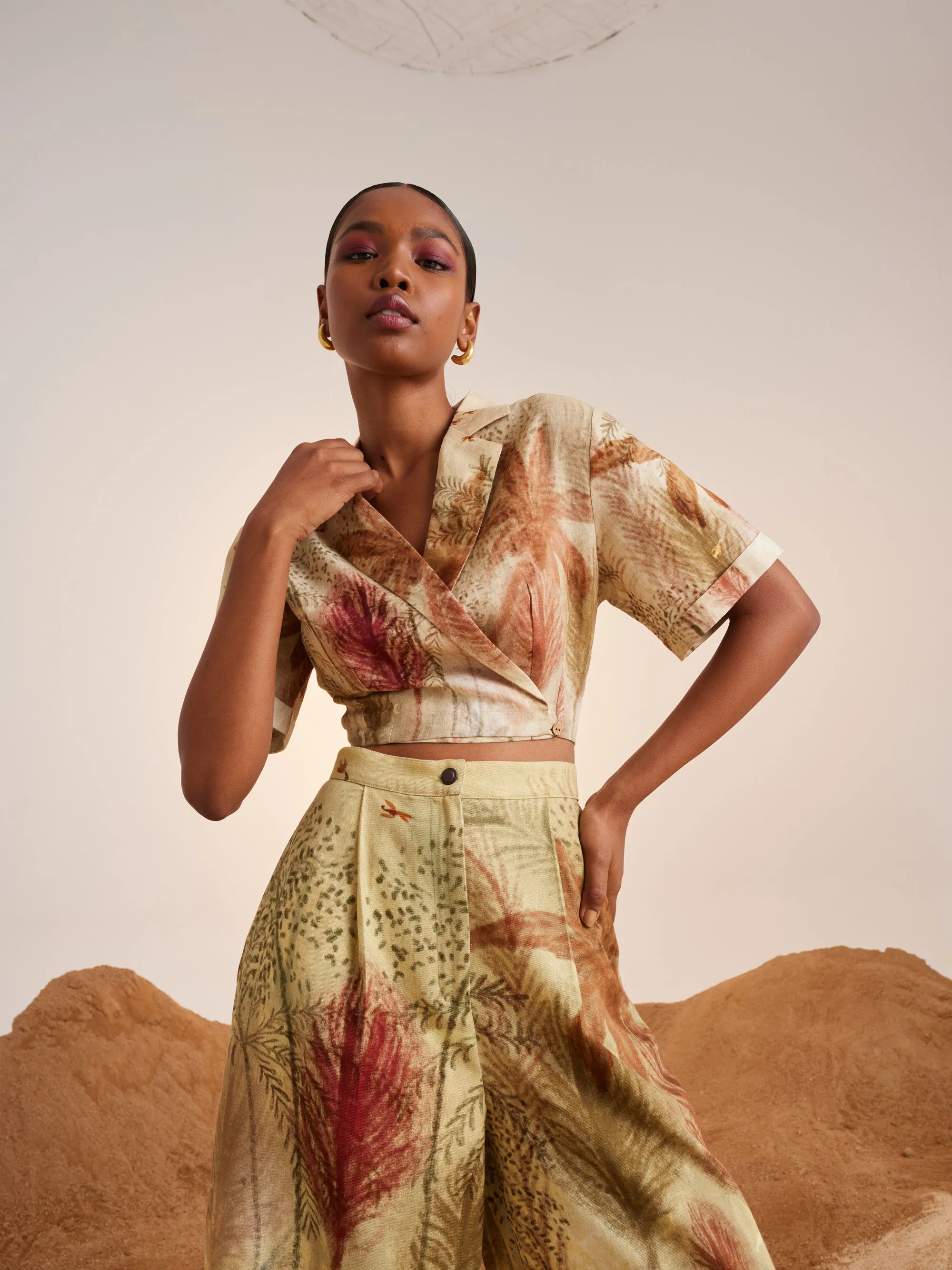 Summer Co-Ord Set Top Cropped Overlap-Woods-Linen Cotton Twill Ss25-Oct-Set-Wod-Cord