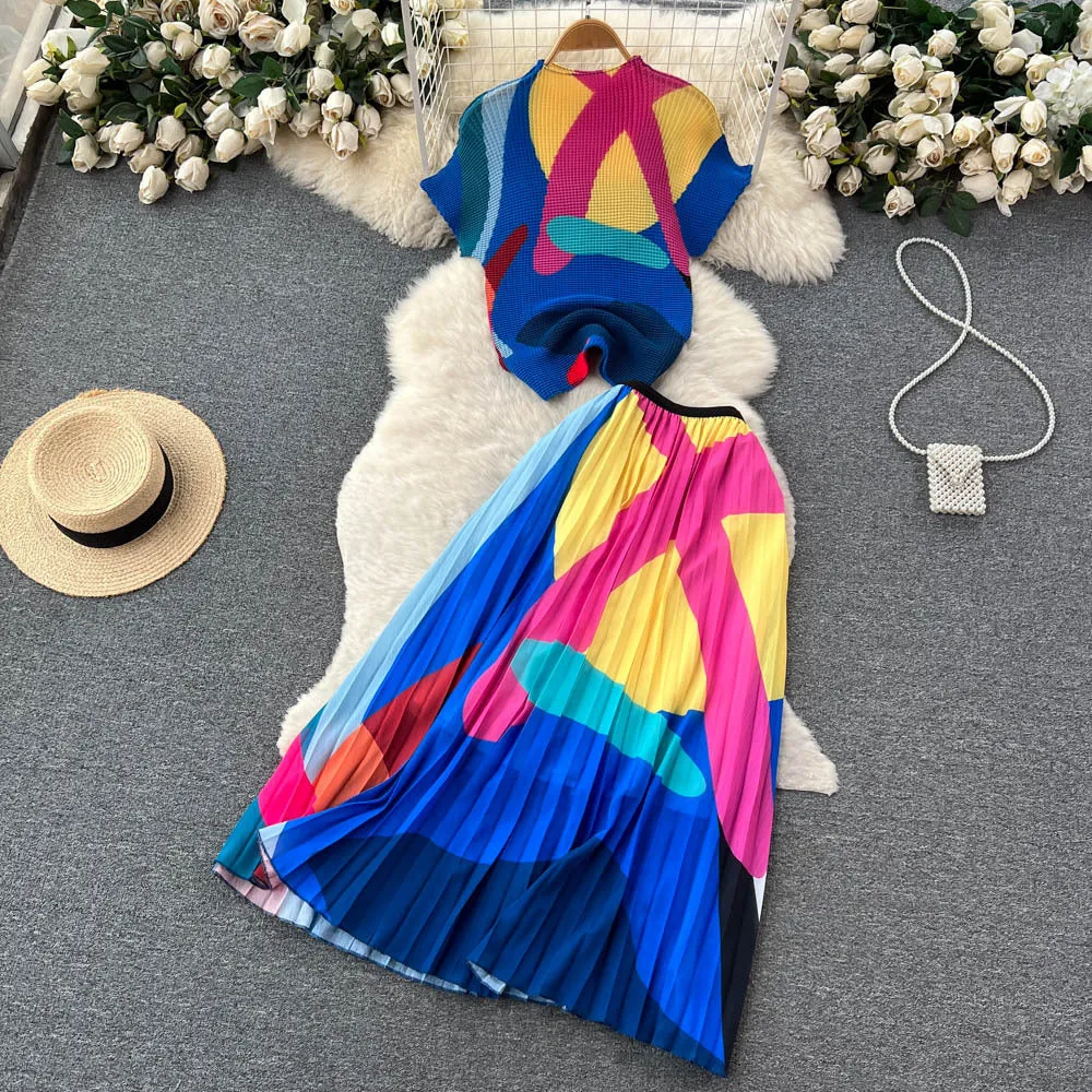 Summer Design Sense Niche Pleated Print Chiffon Top High Waist Slimming Pleated Skirt Skirt Two-Piece Suit Fashion