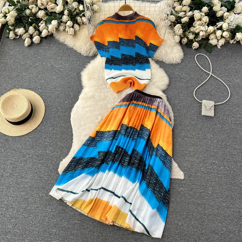 Summer Design Sense Niche Pleated Print Chiffon Top High Waist Slimming Pleated Skirt Skirt Two-Piece Suit Fashion