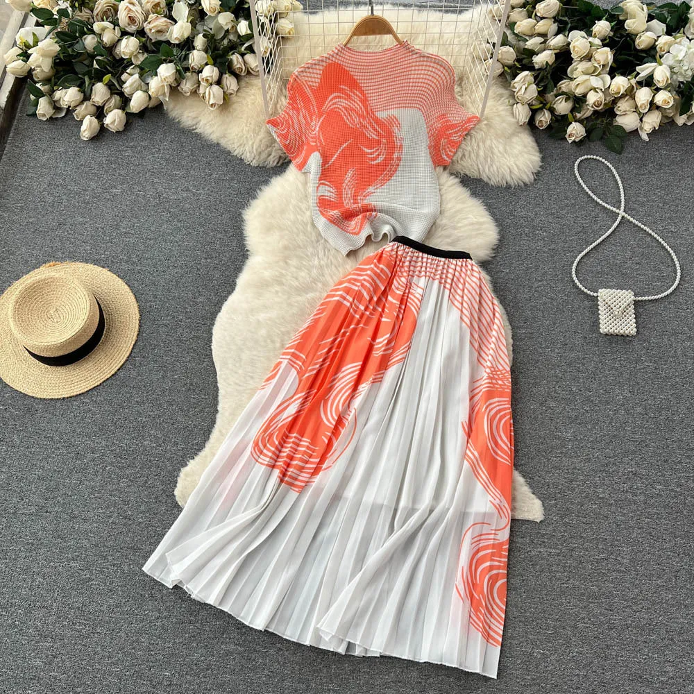 Summer Design Sense Niche Pleated Print Chiffon Top High Waist Slimming Pleated Skirt Skirt Two-Piece Suit Fashion