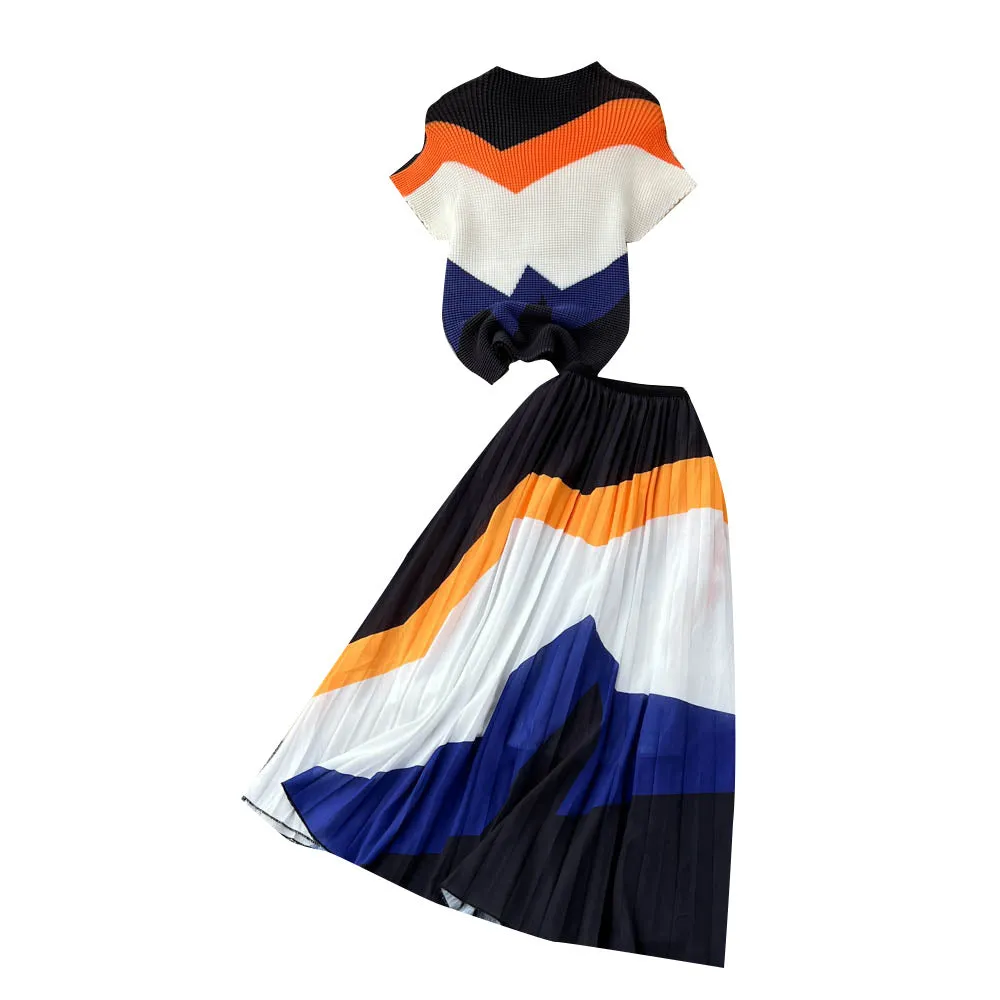 Summer Design Sense Niche Pleated Print Chiffon Top High Waist Slimming Pleated Skirt Skirt Two-Piece Suit Fashion