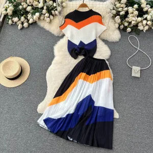 Summer Design Sense Niche Pleated Print Chiffon Top High Waist Slimming Pleated Skirt Skirt Two-Piece Suit Fashion