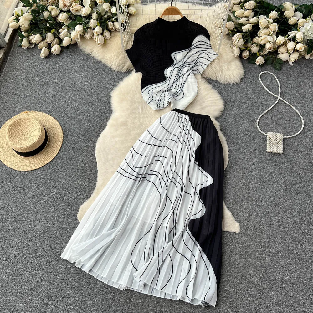 Summer Design Sense Niche Pleated Print Chiffon Top High Waist Slimming Pleated Skirt Skirt Two-Piece Suit Fashion
