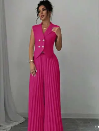 Summer Sleeveless Suit Fashion Lapel Button Vest Top And Pleated Straight Pants Women's Trousers Set Clothing
