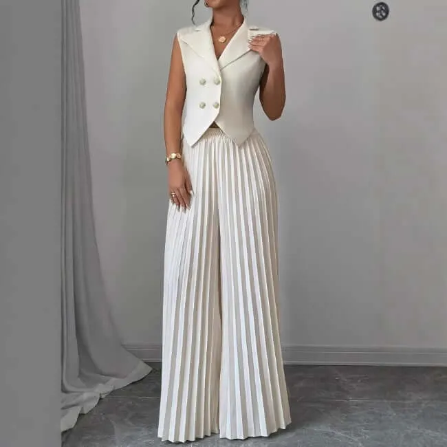 Summer Sleeveless Suit Fashion Lapel Button Vest Top And Pleated Straight Pants Women's Trousers Set Clothing