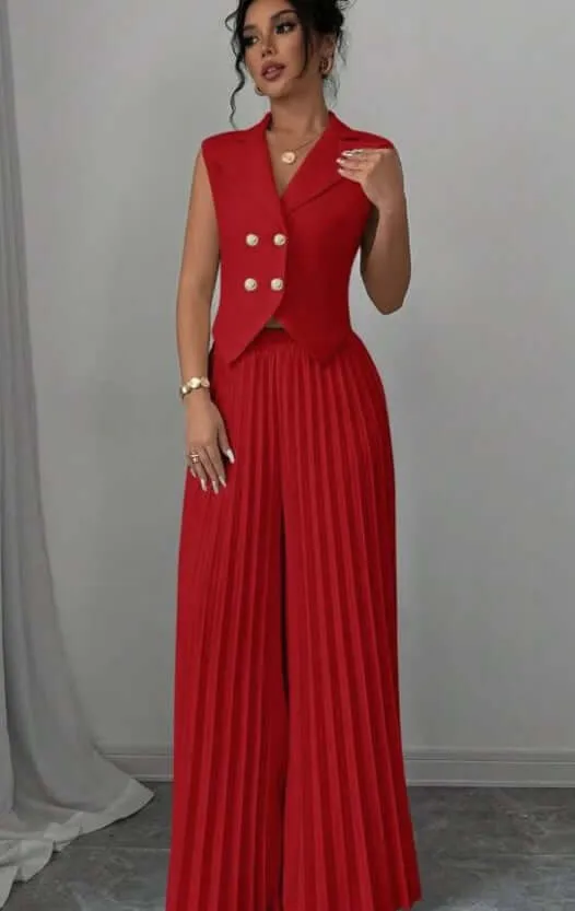 Summer Sleeveless Suit Fashion Lapel Button Vest Top And Pleated Straight Pants Women's Trousers Set Clothing
