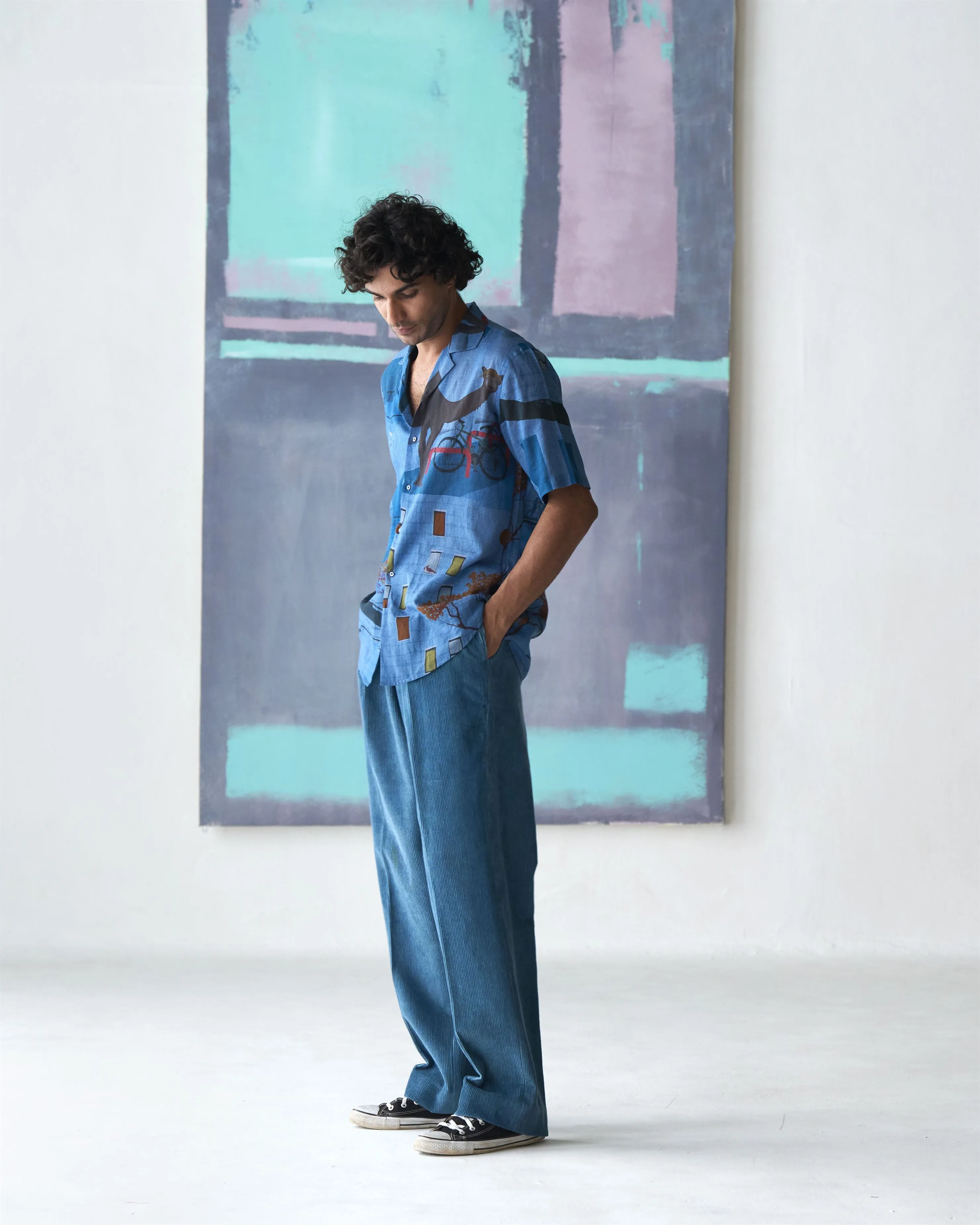 Summer Trousers Single Pleat Corduroy Dusty Blue P125CD93 SuketDhir