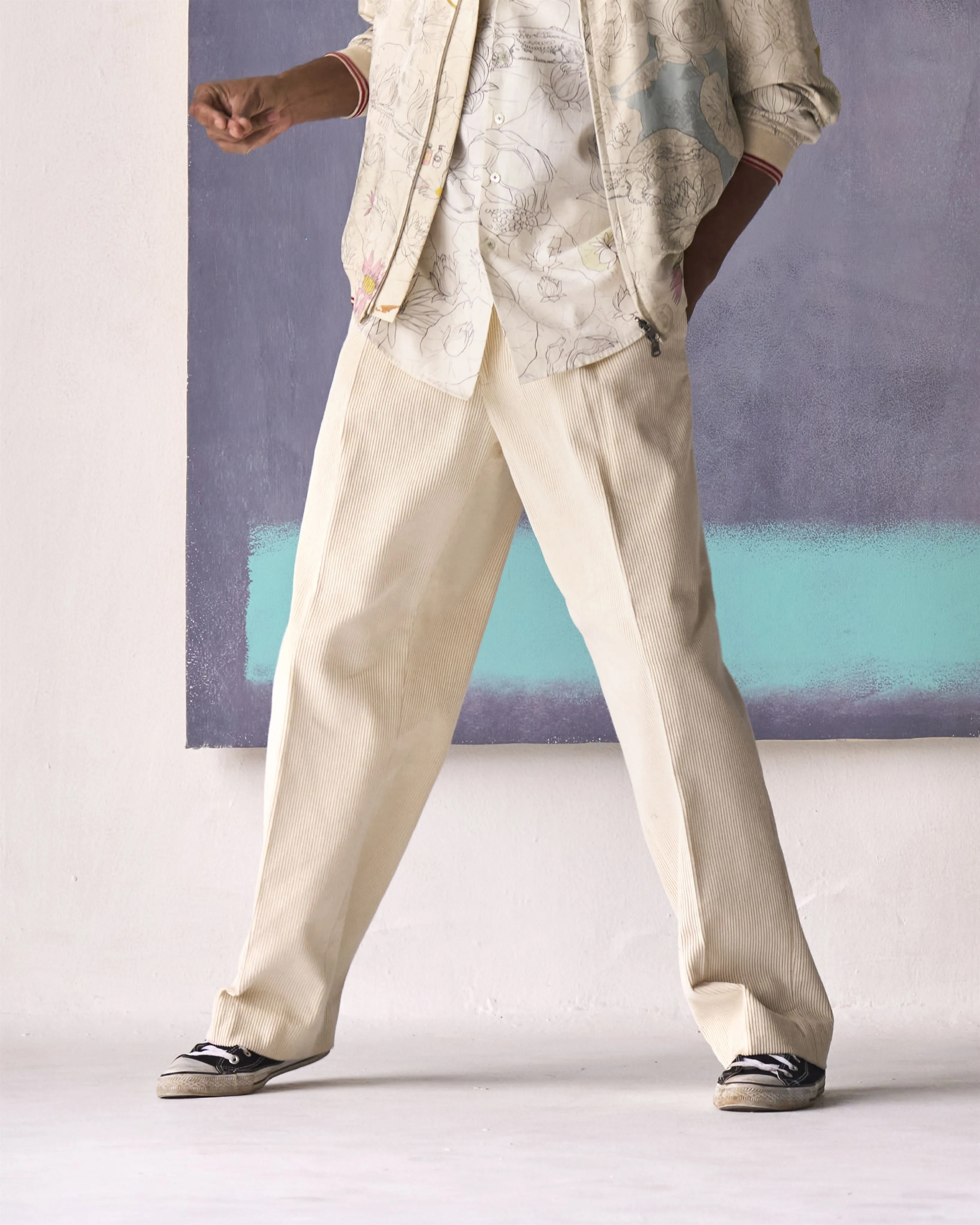 Summer Trousers Single Pleat Corduroy White P125CD09 SuketDhir