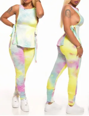 🔥TieDye STACKED Legs Pants Set with Matching  Side Tie Top