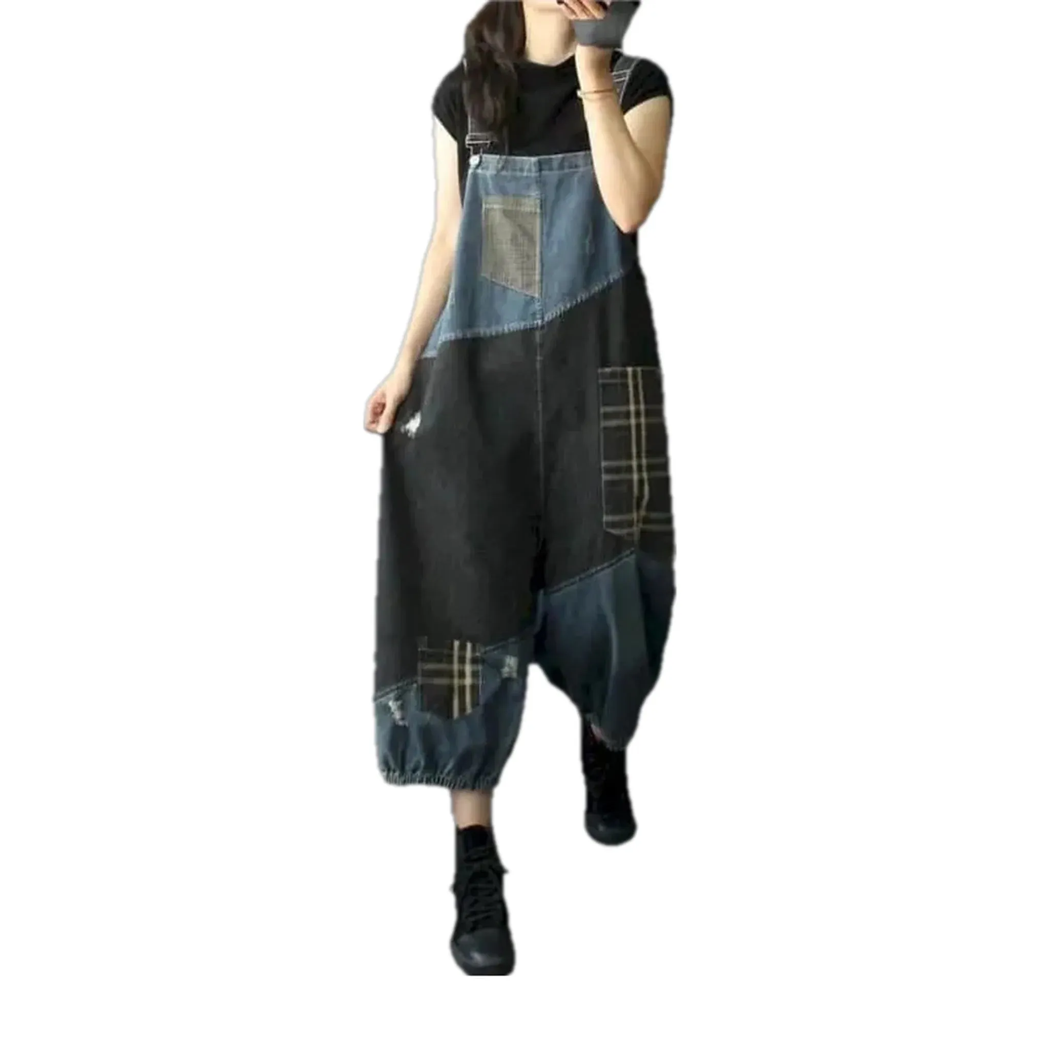 Trendy mixed rubber hem women's denim bib