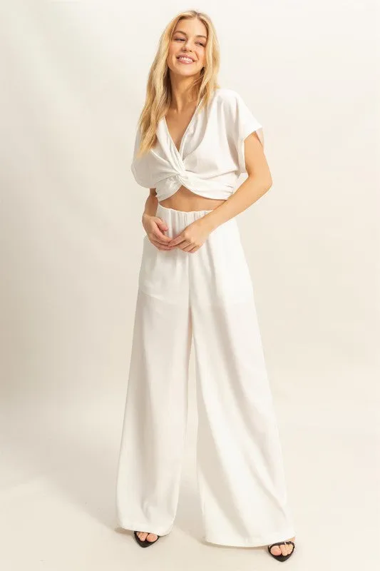 Twisted Front Short Sleeve Top and Wide Leg Pants Set