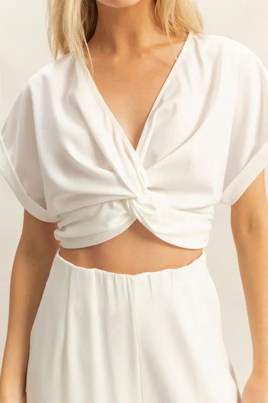 Twisted Front Short Sleeve Top and Wide Leg Pants Set