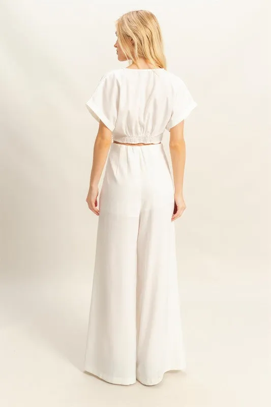 Twisted Front Short Sleeve Top and Wide Leg Pants Set