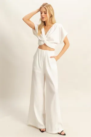 Twisted Front Short Sleeve Top and Wide Leg Pants Set