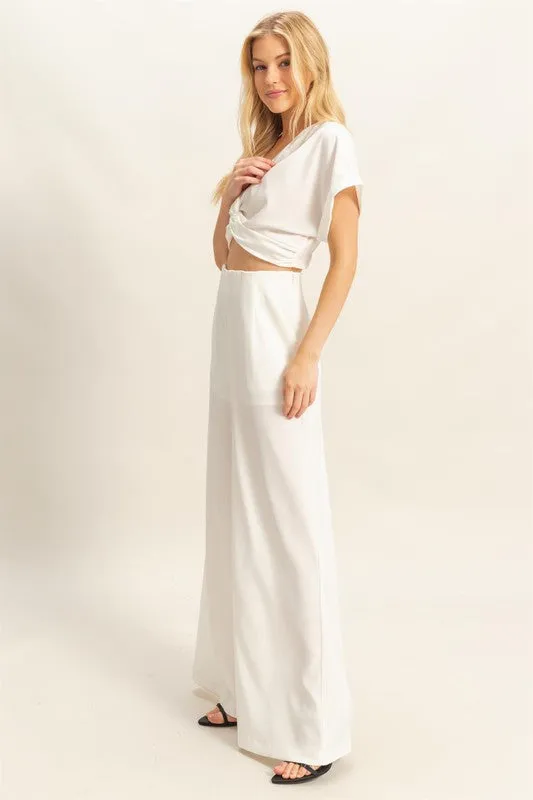 Twisted Front Short Sleeve Top and Wide Leg Pants Set