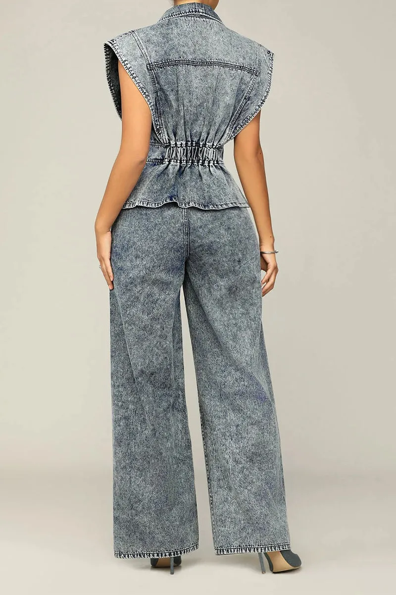 UR3075 Grey Denim Pants Set