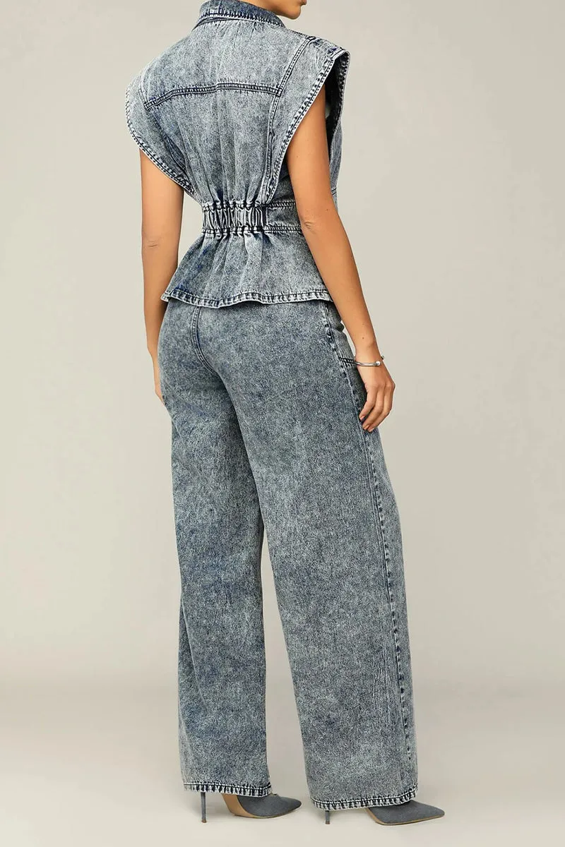 UR3075 Grey Denim Pants Set