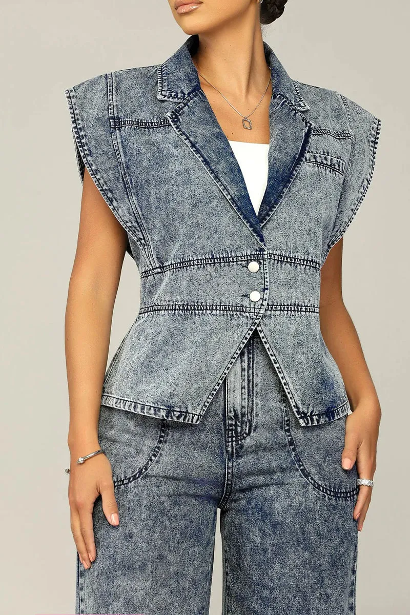 UR3075 Grey Denim Pants Set