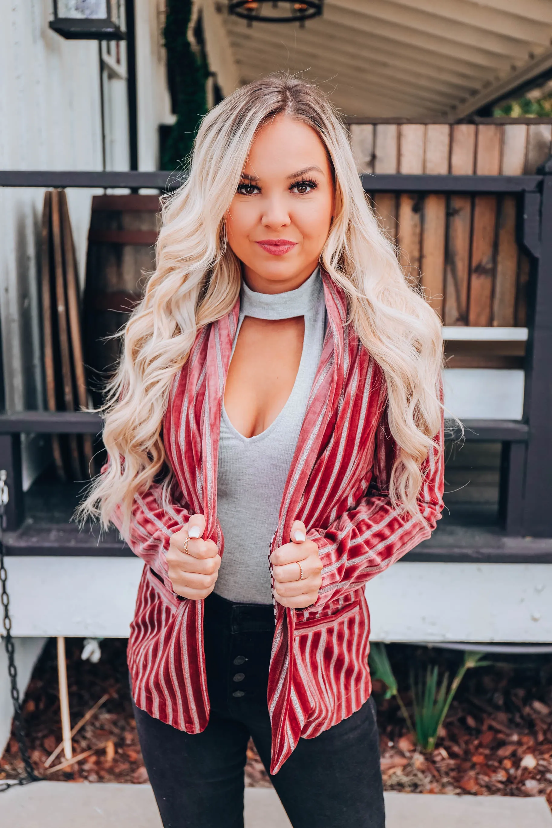 Vani Velvet Striped Blazer - Wine