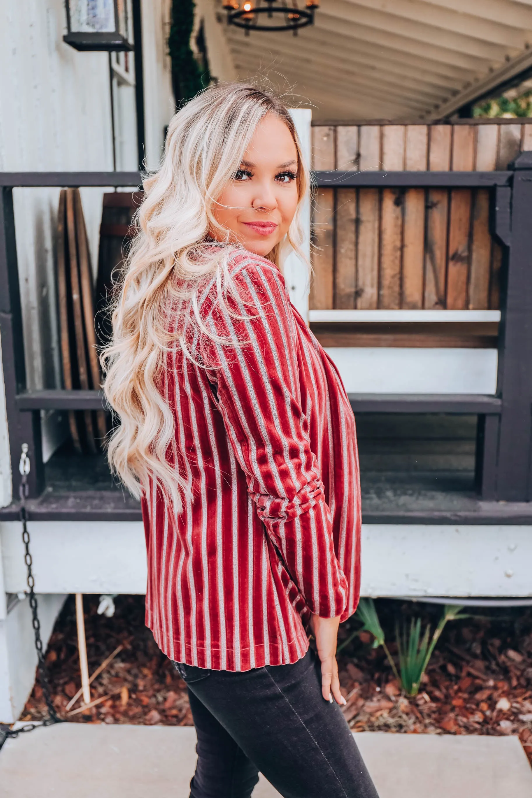 Vani Velvet Striped Blazer - Wine