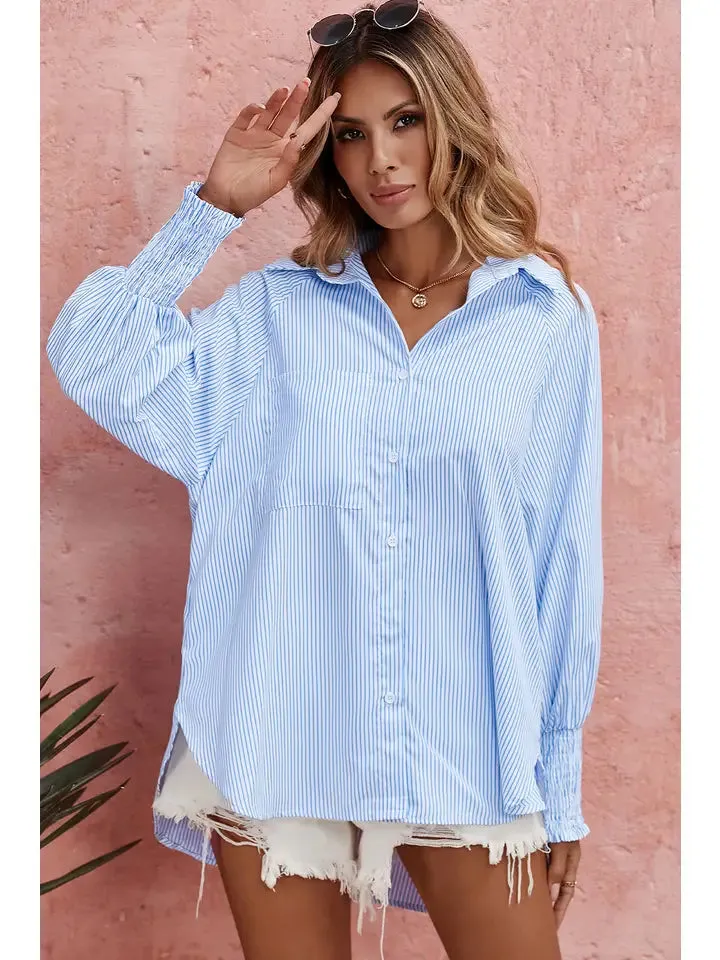 Walton Smocked Cuffed Striped Boyfriend Shirt with Pocket