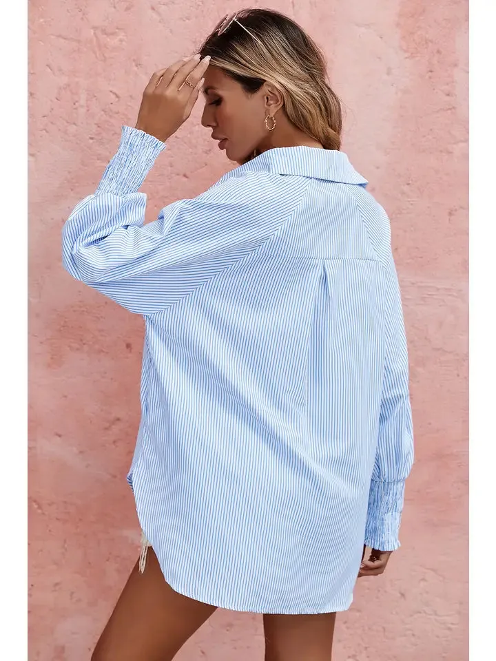 Walton Smocked Cuffed Striped Boyfriend Shirt with Pocket