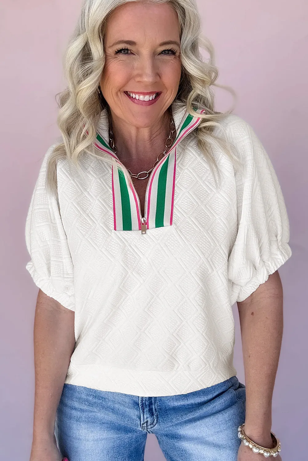 White Contrast Striped Collar Patchwork Textured Half Sleeve Blouse