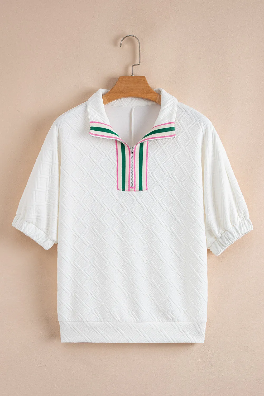 White Contrast Striped Collar Patchwork Textured Half Sleeve Blouse