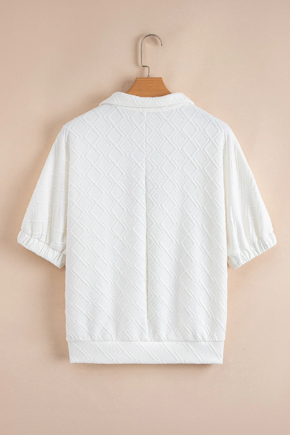 White Contrast Striped Collar Patchwork Textured Half Sleeve Blouse