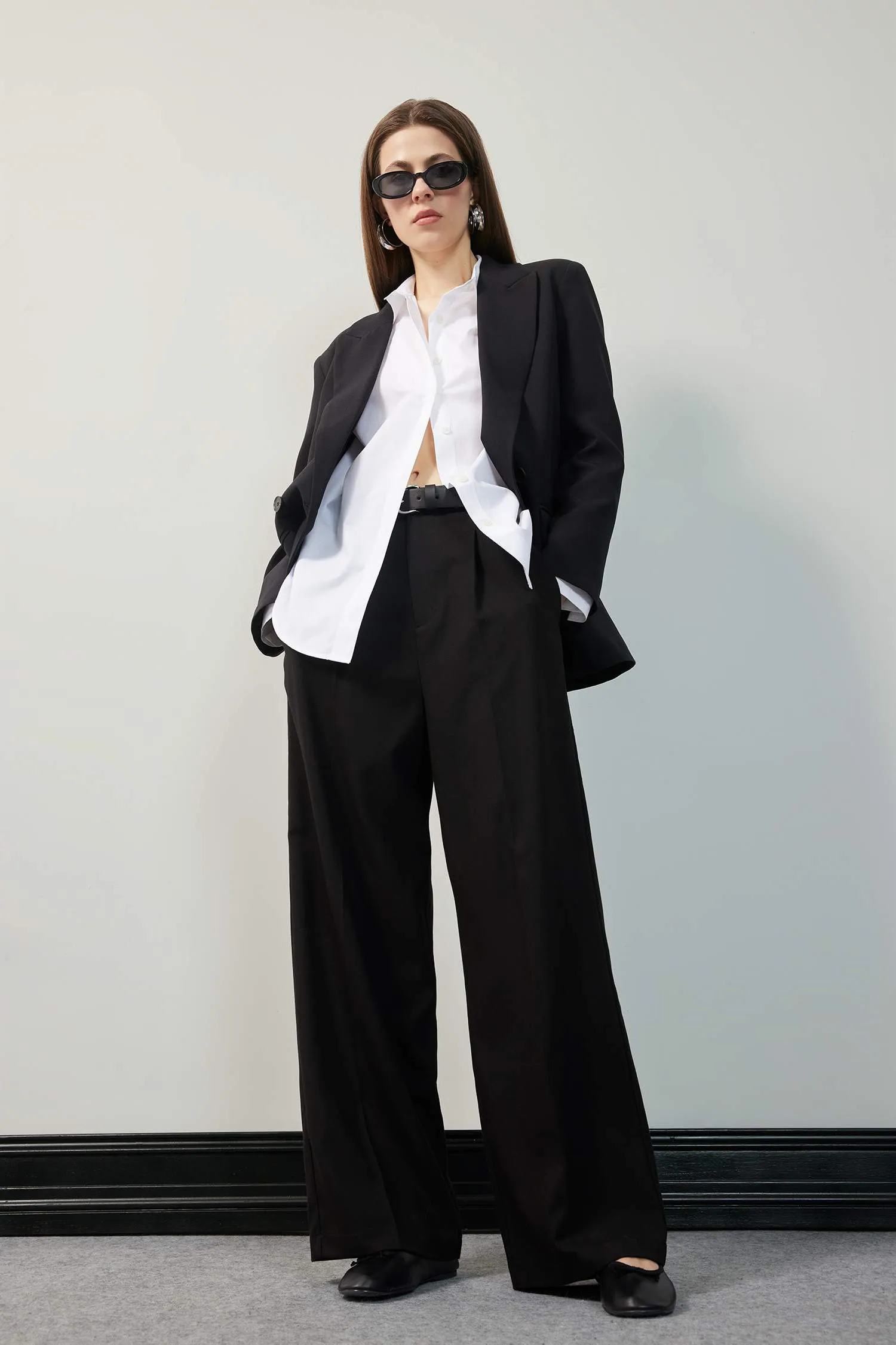 Wide Leg Pens Classic Palazzo Pants Wide Pleated Leg Basic Straight Long Size High Waist Pocket
