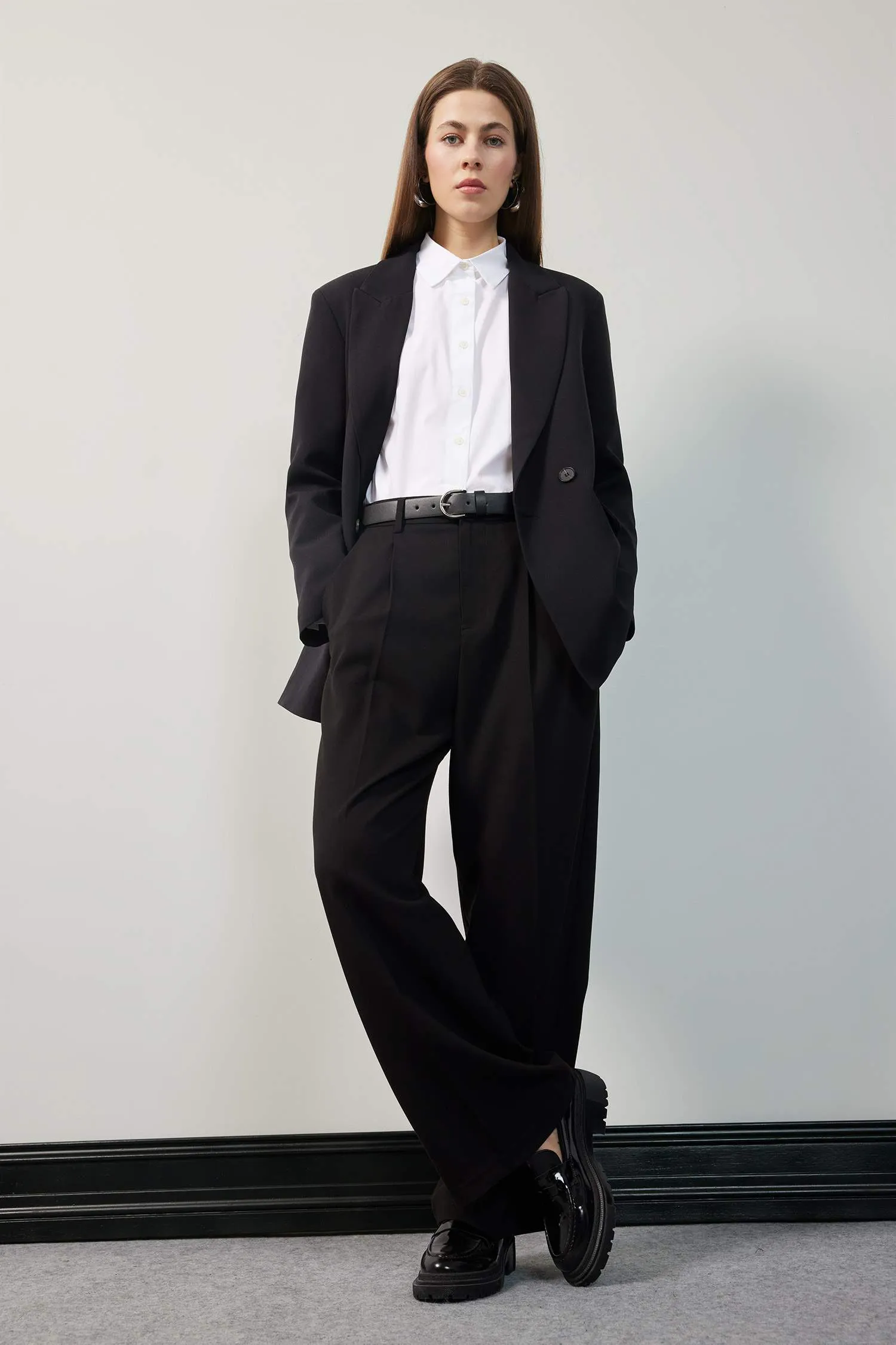 Wide Leg Pens Classic Palazzo Pants Wide Pleated Leg Basic Straight Long Size High Waist Pocket
