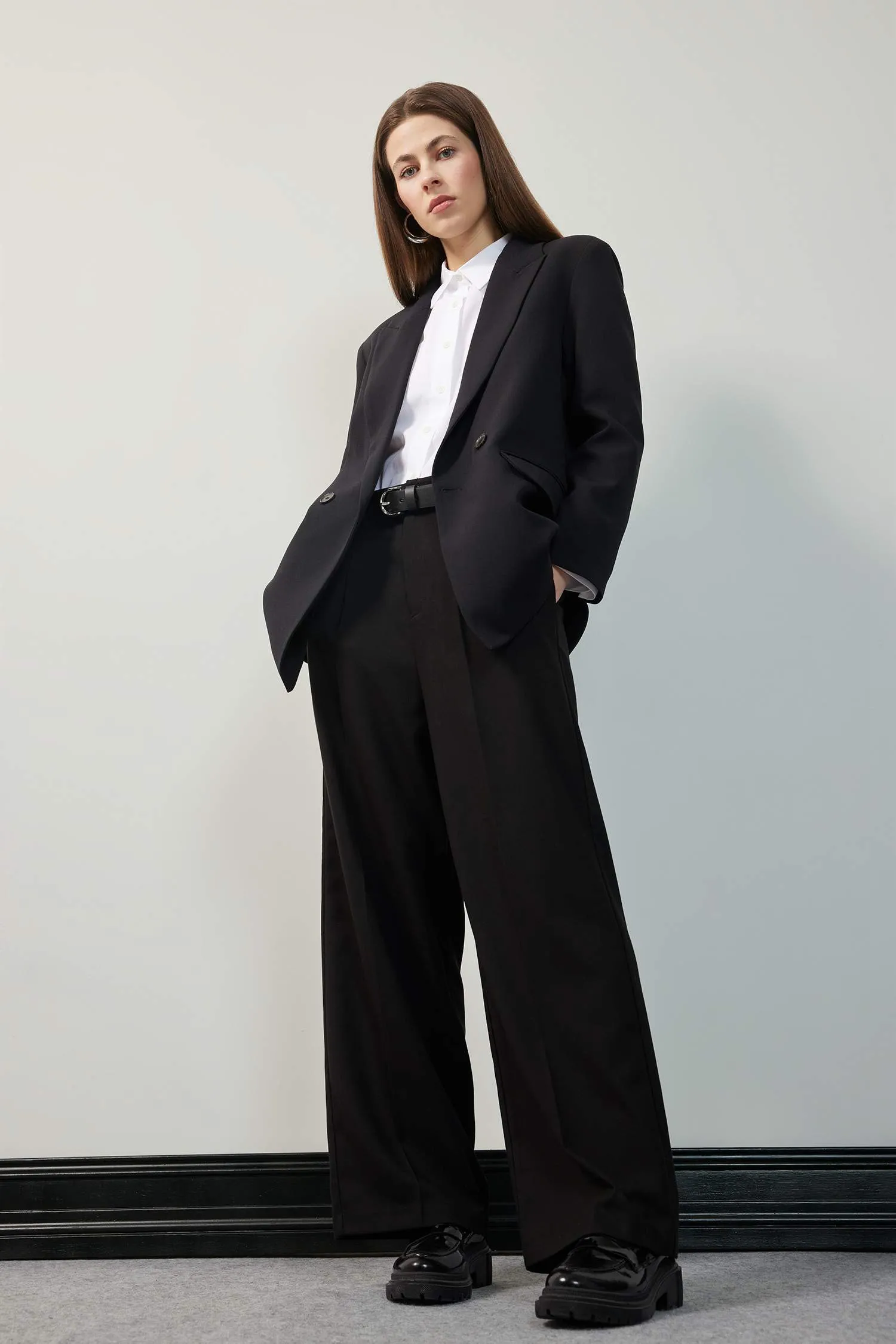 Wide Leg Pens Classic Palazzo Pants Wide Pleated Leg Basic Straight Long Size High Waist Pocket