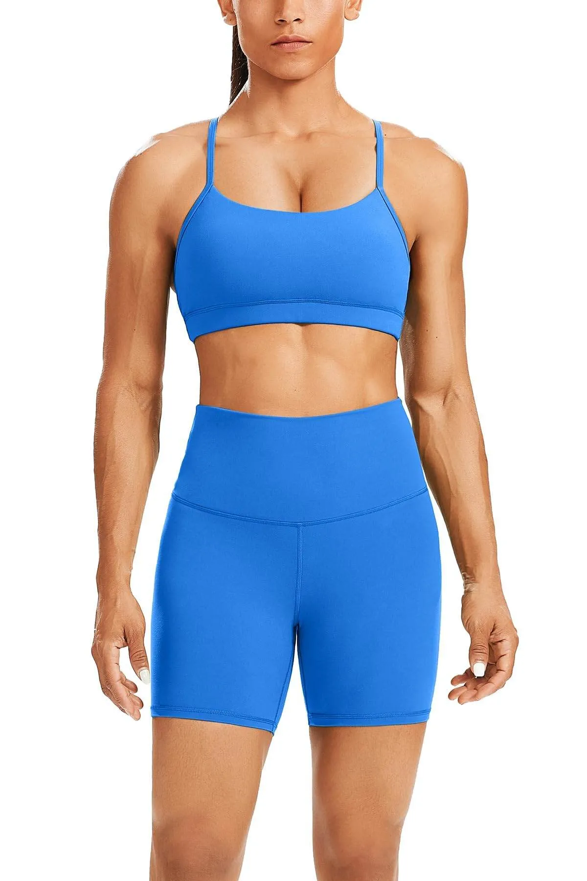 WodoWei Butterluxe Workout Sets for Women 2 Piece Gym Yoga Y-Back Sports Bra High Waist Biker Short Outfits(W316-Royal Blue-S)