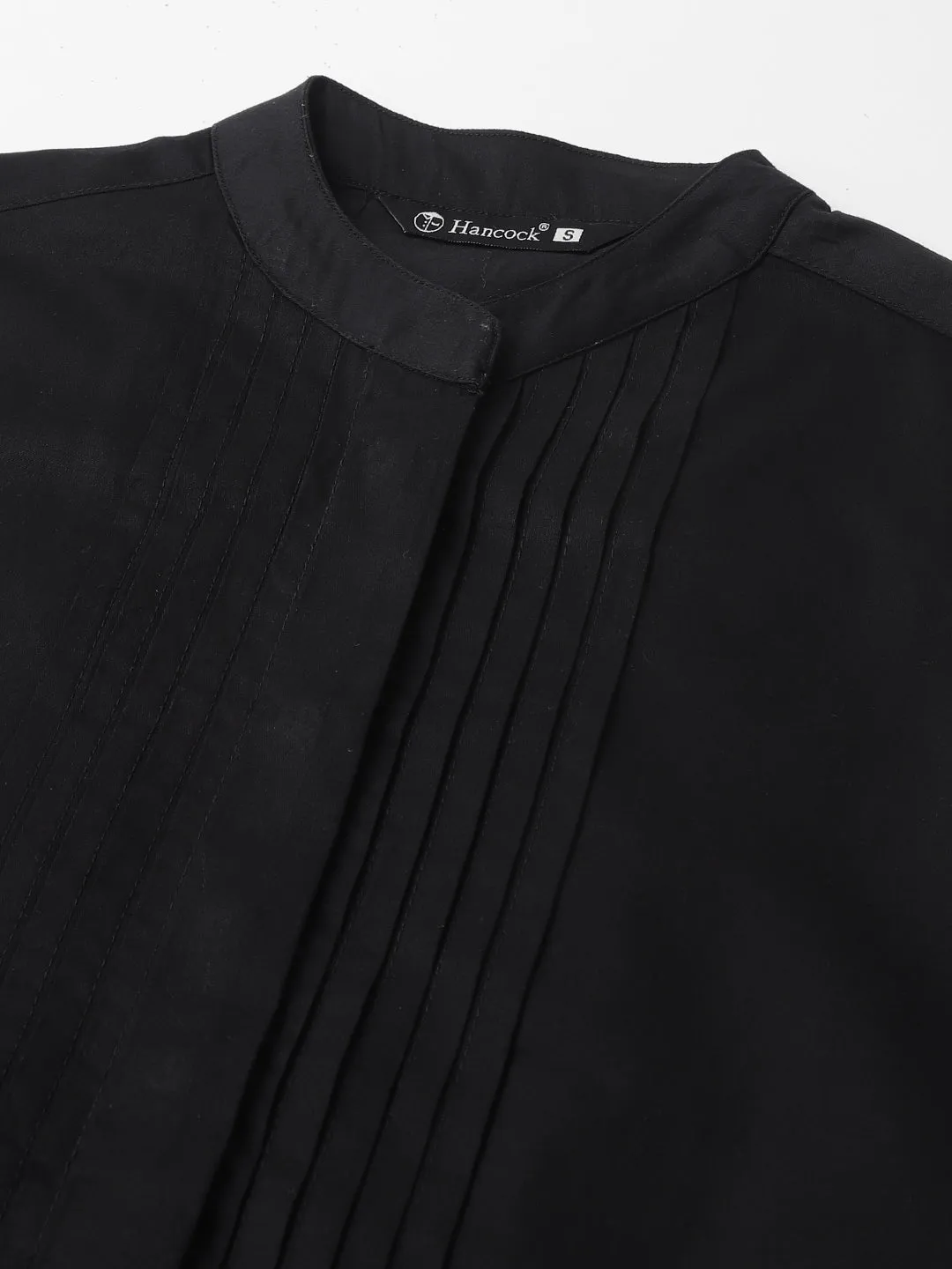 Women Black Solid Pure Cotton Satin Pin Tuck Regular Fit Formal Shirt