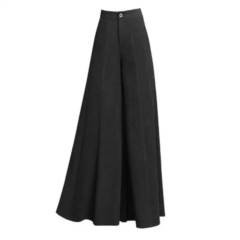 Women's Solid Woolen Wide Leg High Waist Trousers with Pockets