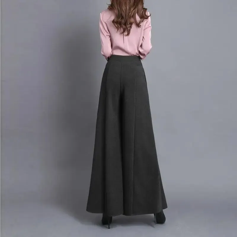 Women's Solid Woolen Wide Leg High Waist Trousers with Pockets