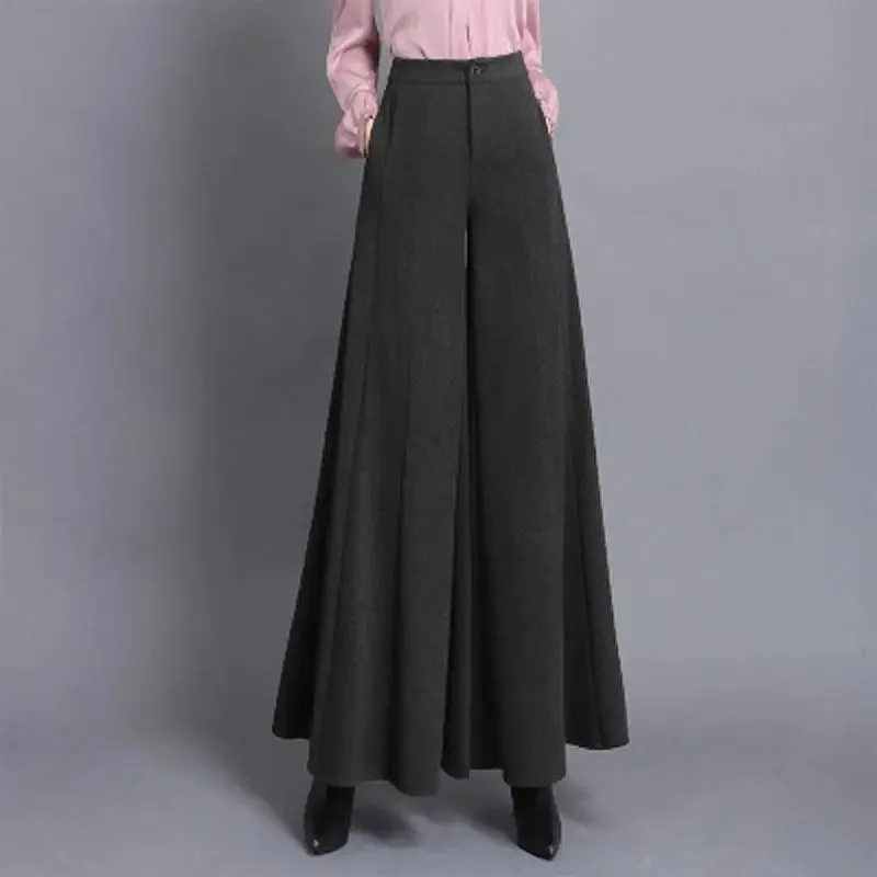 Women's Solid Woolen Wide Leg High Waist Trousers with Pockets