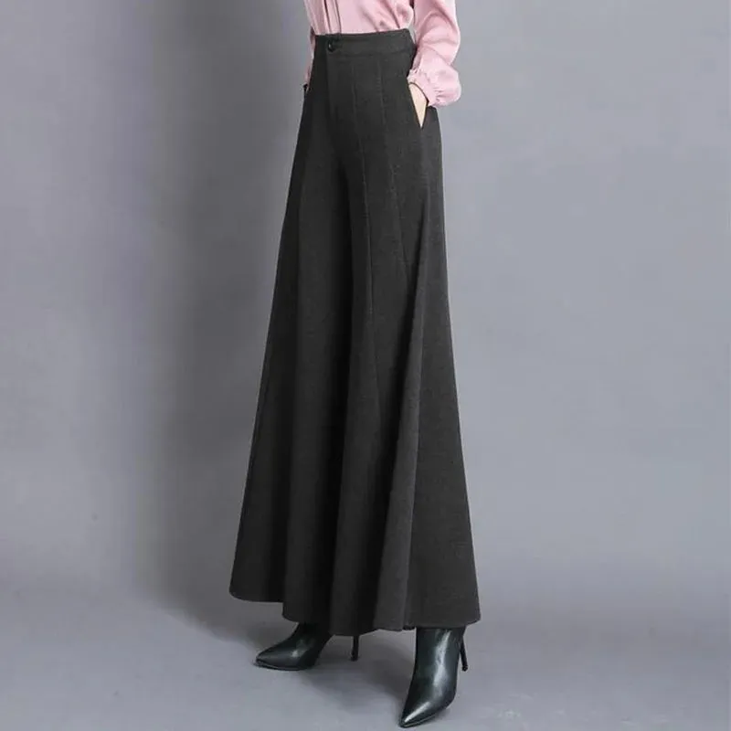 Women's Solid Woolen Wide Leg High Waist Trousers with Pockets