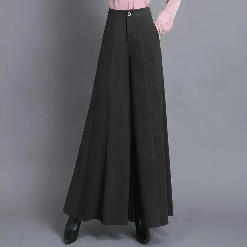 Women's Solid Woolen Wide Leg High Waist Trousers with Pockets