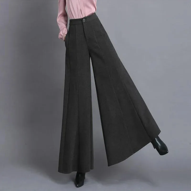 Women's Solid Woolen Wide Leg High Waist Trousers with Pockets