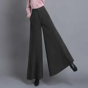 Women's Solid Woolen Wide Leg High Waist Trousers with Pockets