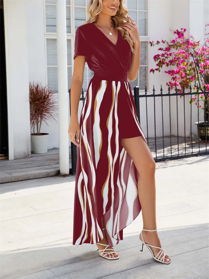 Women's V Neck Waisted Wavy Striped Romper Dress