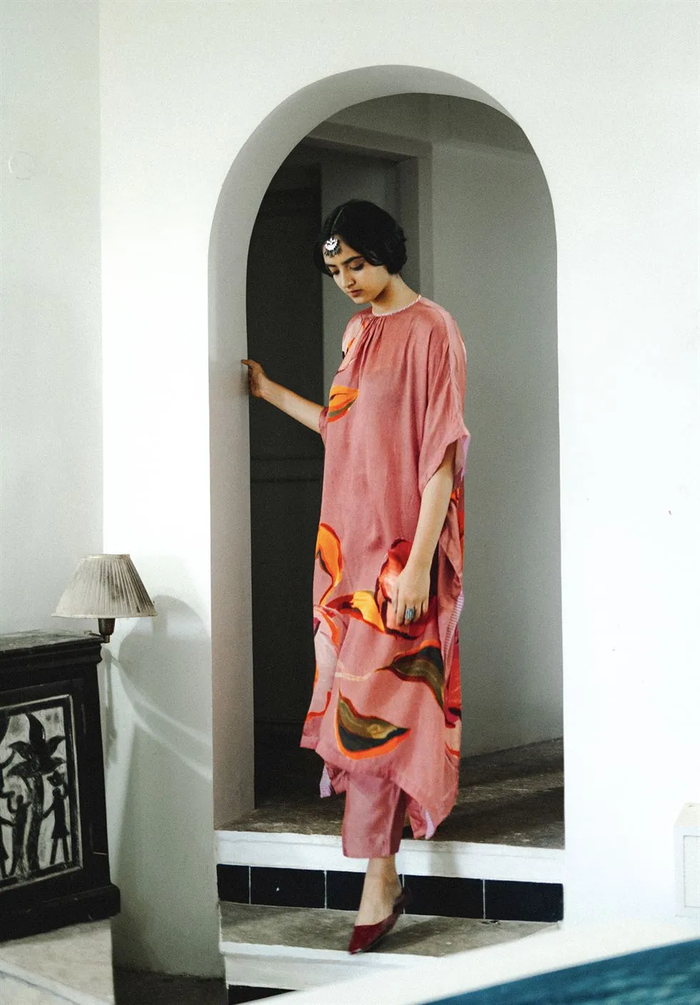 YAM   I Vancluse  ANEMONE KAFTAN SET KURTA SET KURTA - SATIN PANTS - SILK PINK Festive Collections YAMDR36