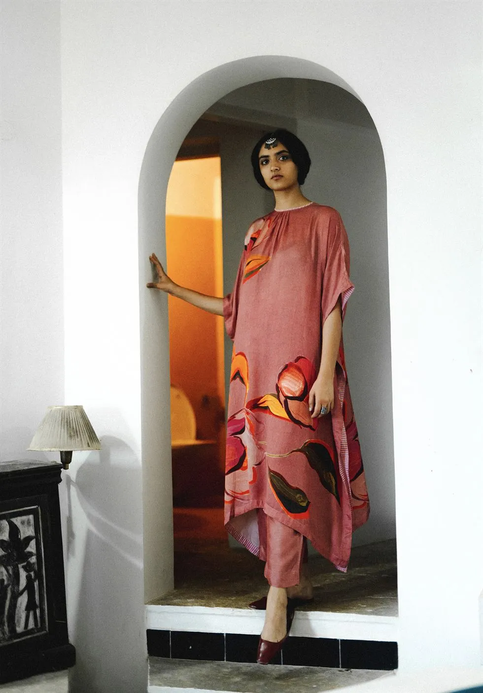 YAM   I Vancluse  ANEMONE KAFTAN SET KURTA SET KURTA - SATIN PANTS - SILK PINK Festive Collections YAMDR36