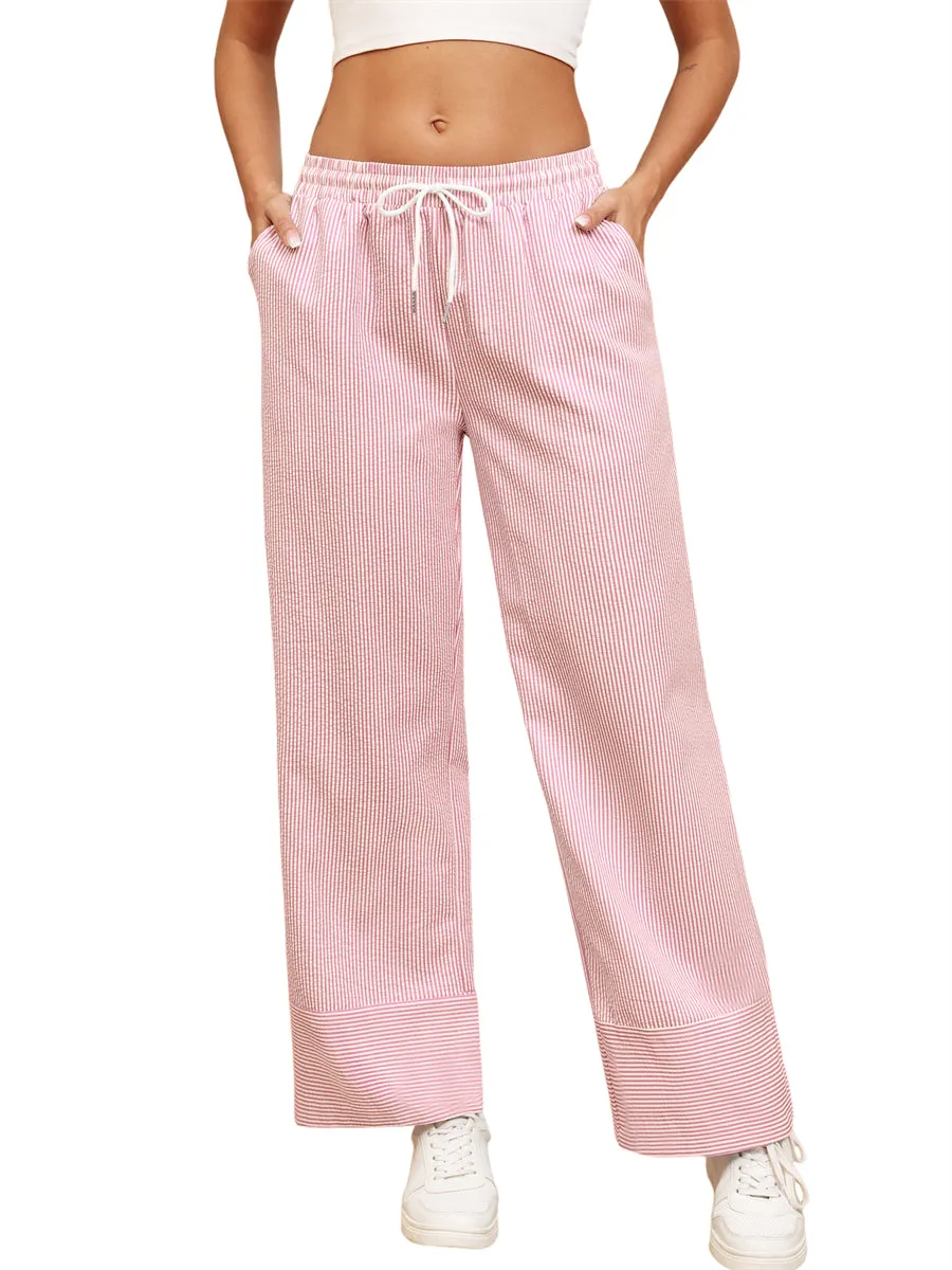 ZAFUL Womens Trendy Striped Pants Lightweight High Waisted Wide Leg Pants Casual Drawstring Pockets Trousers